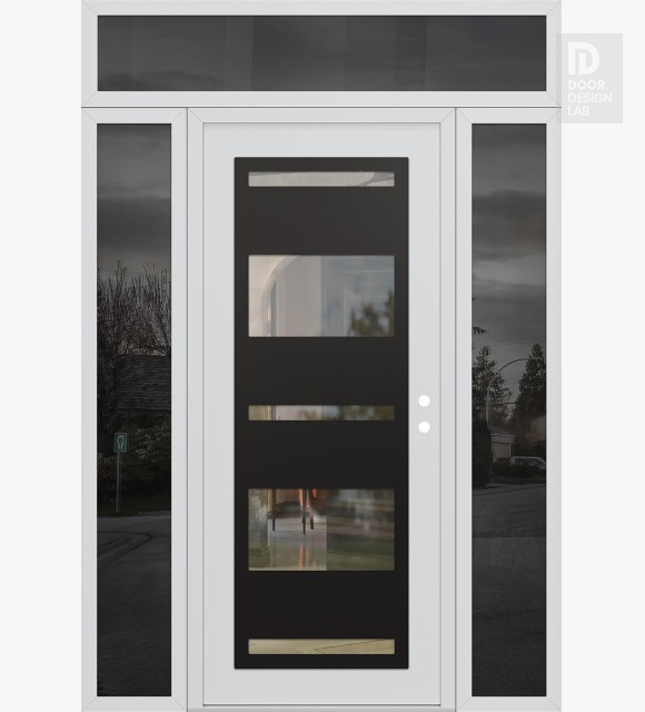 Modern Steel Front Door Diamond C10 64" x 96" white/white clear Glass Panel black LHI with 2 Sidelites and Transom mirrored Glass
