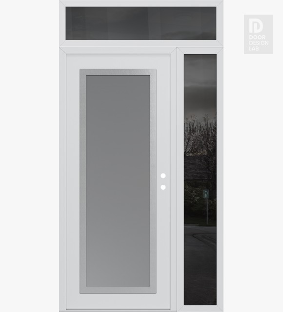 Modern Steel Front Door Diamond C1 50" x 96" white/white frosted Glass Panel stainless steel LHI with Sidelite and Transom mirrored Glass