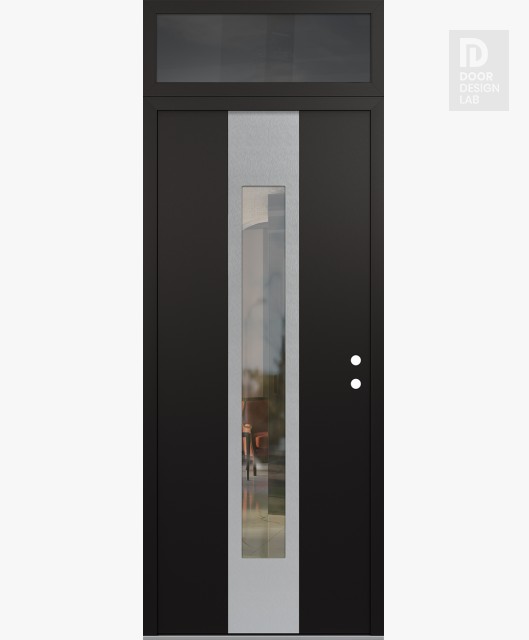 Modern Steel Front Door DIAMOND A1 36" X 96" BLACK/BLACK CLEAR GLASS PANEL STAINLESS STEEL LHI WITH TRANSOM MIRRORED GLASS