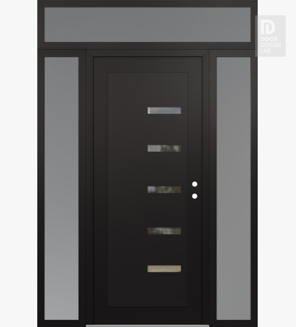 Modern Steel Front Door Diamond C8 68" x 96" black/black clear Glass Panel black LHI with 2 Sidelites and Transom frosted Glass