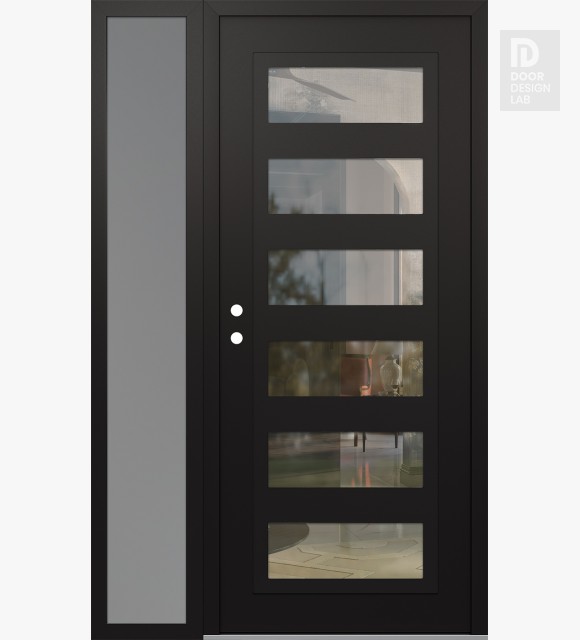 Modern Steel Front Door Diamond C9 52" x 80" black/black clear Glass Panel black RHI with Sidelite frosted Glass