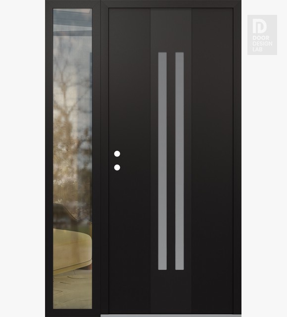 Modern Steel Front Door DIAMOND A8 50" X 80" BLACK/WHITE FROSTED GLASS PANEL BLACK RHI WITH SIDELITE CLEAR GLASS