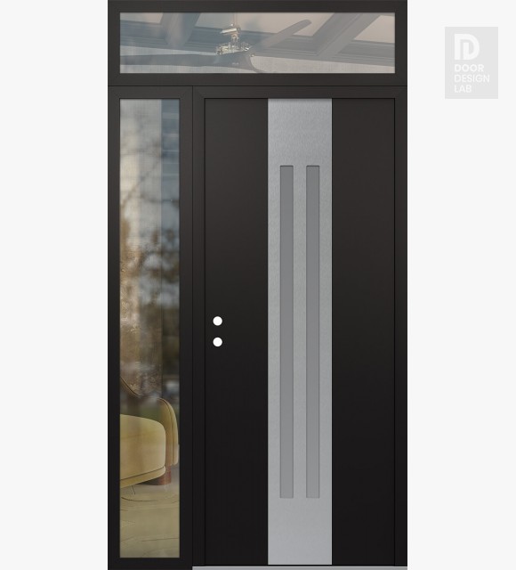 Modern Steel Front Door DIAMOND A8 48" X 96" BLACK/WHITE FROSTED GLASS PANEL STAINLESS STEEL RHI WITH SIDELITE AND TRANSOM CLEAR GLASS