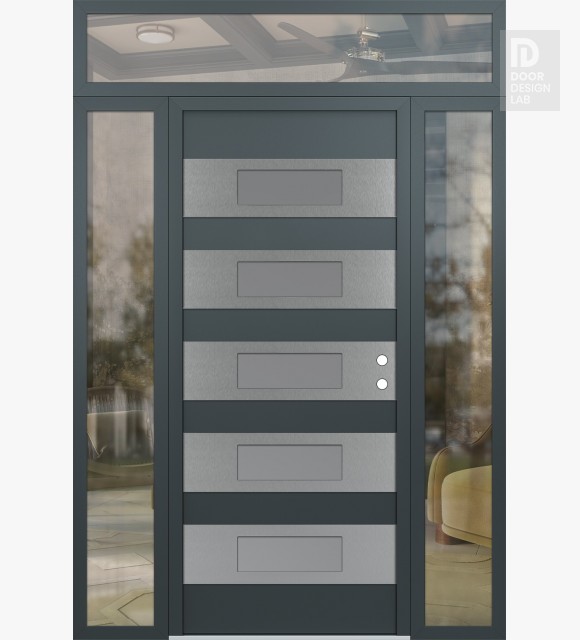 Modern Steel Front Door Diamond D5 60" x 96" anthracite/anthracite frosted Glass Panel stainless steel LHI with 2 Sidelites and Transom clear Glass