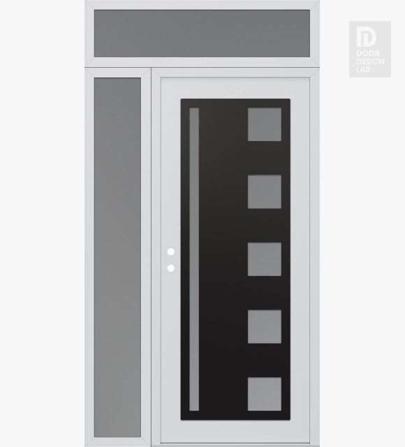 Modern Steel Front Door Diamond C3 52" x 96" white/white frosted Glass Panel black RHI with Sidelite and Transom frosted Glass