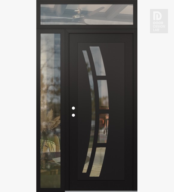 Modern Steel Front Door Diamond C12 48" x 96" black/black clear Glass Panel black RHI with Sidelite and Transom clear Glass