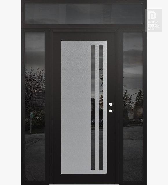 Modern Steel Front Door Diamond C6 64" x 96" black/black mirrored Glass Panel stainless steel LHI with 2 Sidelites and Transom mirrored Glass