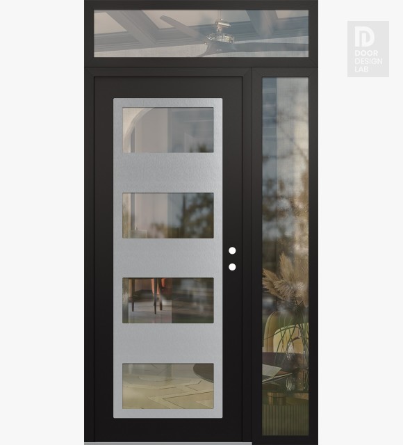 Modern Steel Front Door Diamond C2 50" x 96" black/black clear Glass Panel stainless steel LHI with Sidelite and Transom clear Glass