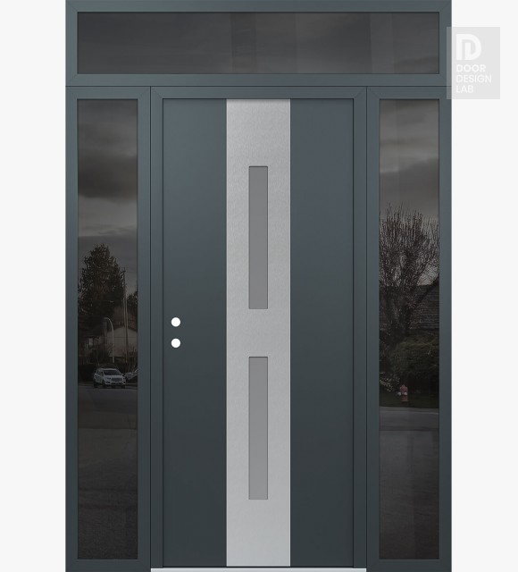 Modern Steel Front Door DIAMOND A6 68" X 96" ANTHRACITE/ANTHRACITE FROSTED GLASS PANEL STAINLESS STEEL RHI WITH 2 SIDELITES AND TRANSOM MIRRORED GLASS