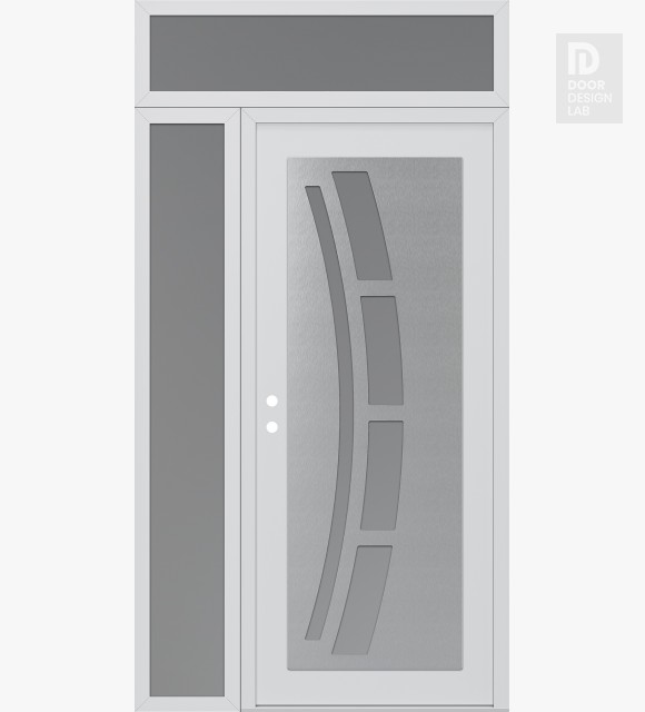 Modern Steel Front Door Diamond C12 48" x 96" white/white frosted Glass Panel stainless steel RHI with Sidelite and Transom frosted Glass