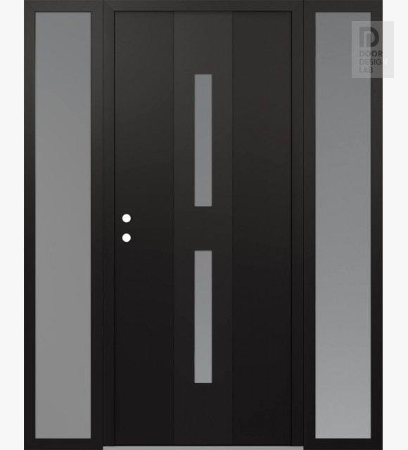 Modern Steel Front Door DIAMOND A6 60" X 80" BLACK/WHITE FROSTED GLASS PANEL BLACK RHI WITH 2 SIDELITES FROSTED GLASS