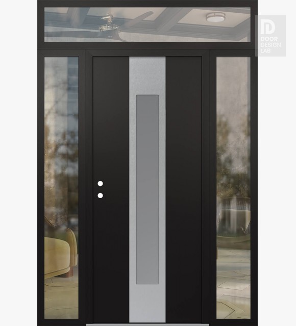 Modern Steel Front Door DIAMOND A1 64" X 96" BLACK/WHITE FROSTED GLASS PANEL STAINLESS STEEL RHI WITH 2 SIDELITES AND TRANSOM CLEAR GLASS