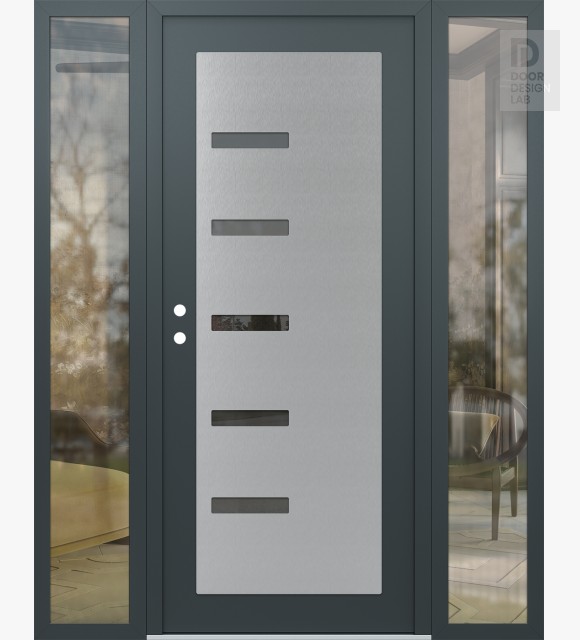 Modern Steel Front Door Diamond C8 64" x 80" anthracite/anthracite mirrored Glass Panel stainless steel RHI with 2 Sidelites clear Glass