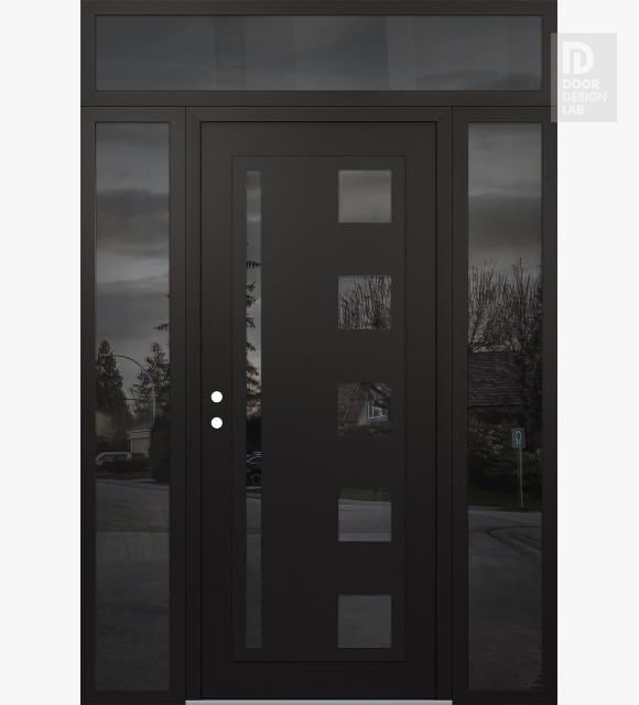 Modern Steel Front Door Diamond C3 64" x 96" black/black mirrored Glass Panel black RHI with 2 Sidelites and Transom mirrored Glass