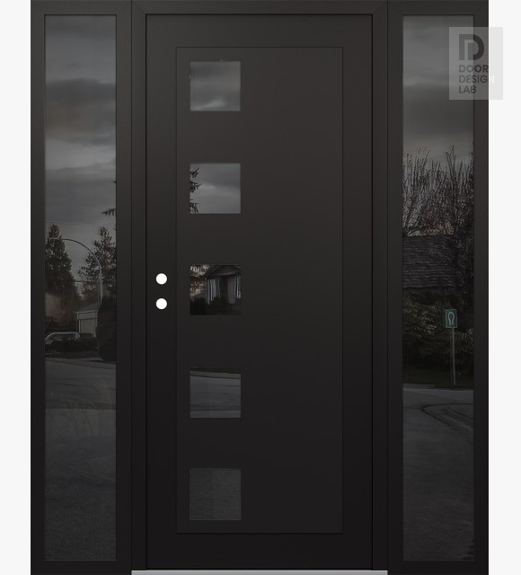 Modern Steel Front Door Diamond C5 64" x 80" black/black mirrored Glass Panel black RHI with 2 Sidelites mirrored Glass