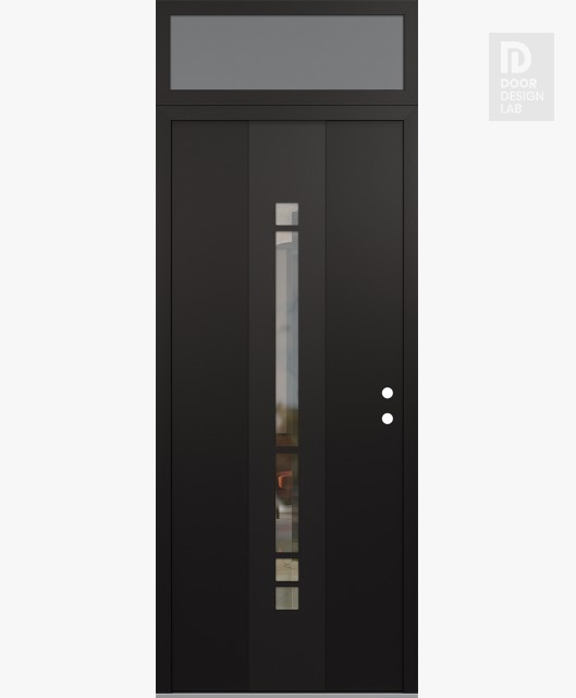 Modern Steel Front Door DIAMOND A3 36" X 96" BLACK/BLACK CLEAR GLASS PANEL BLACK LHI WITH TRANSOM FROSTED GLASS