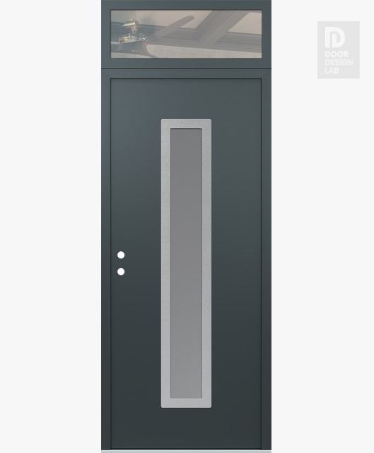 Modern Steel Front Door DIAMOND A11 36" X 96" ANTHRACITE/ANTHRACITE FROSTED GLASS PANEL STAINLESS STEEL RHI WITH TRANSOM CLEAR GLASS