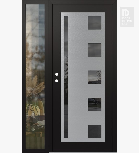 Modern Steel Front Door Diamond C3 52" x 80" black/black mirrored Glass Panel stainless steel RHI with Sidelite clear Glass