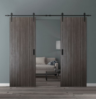 DOUBLE BARN DOOR PALLADIO GRAY OAK 72" X 84" X 1 9/16" SOLID CORE BLACK HARDWARE