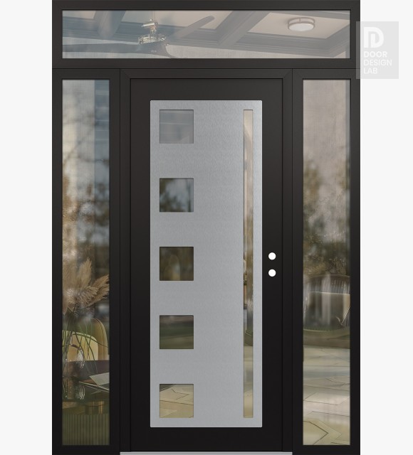 Modern Steel Front Door Diamond C3 60" x 96" black/black clear Glass Panel stainless steel LHI with 2 Sidelites and Transom clear Glass