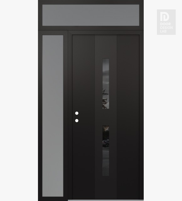 Modern Steel Front Door DIAMOND A6 48" X 96" BLACK/BLACK MIRRORED GLASS PANEL BLACK RHI WITH SIDELITE AND TRANSOM FROSTED GLASS