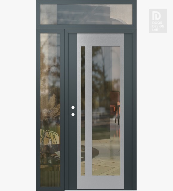 Modern Steel Front Door Diamond C15 52" x 96" anthracite/anthracite clear Glass Panel stainless steel RHI with Sidelite and Transom clear Glass
