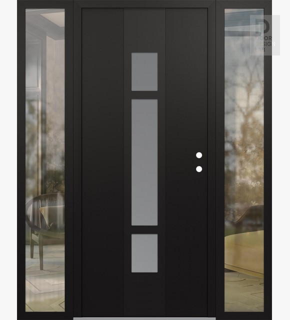 Modern Steel Front Door DIAMOND A9 60" X 80" BLACK/WHITE FROSTED GLASS PANEL BLACK LHI WITH 2 SIDELITES CLEAR GLASS
