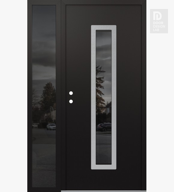 Modern Steel Front Door DIAMOND A11 50" X 80" BLACK/BLACK MIRRORED GLASS PANEL STAINLESS STEEL RHI WITH SIDELITE MIRRORED GLASS