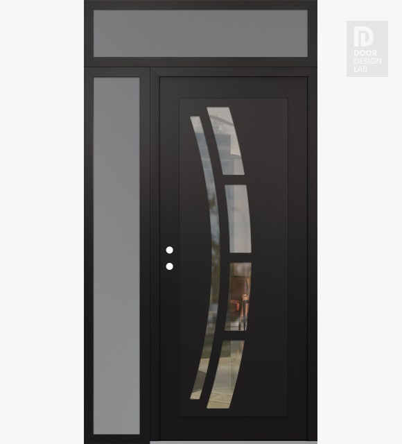 Modern Steel Front Door Diamond C12 50" x 96" black/black clear Glass Panel black RHI with Sidelite and Transom frosted Glass
