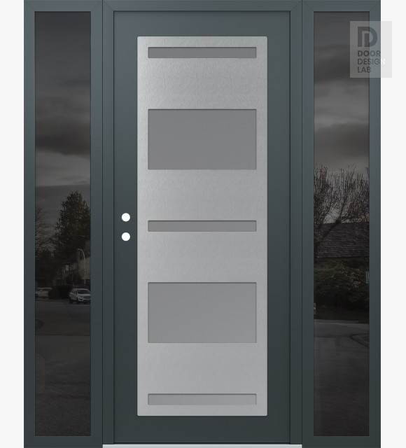 Modern Steel Front Door Diamond C10 64" x 80" anthracite/anthracite frosted Glass Panel stainless steel RHI with 2 Sidelites mirrored Glass