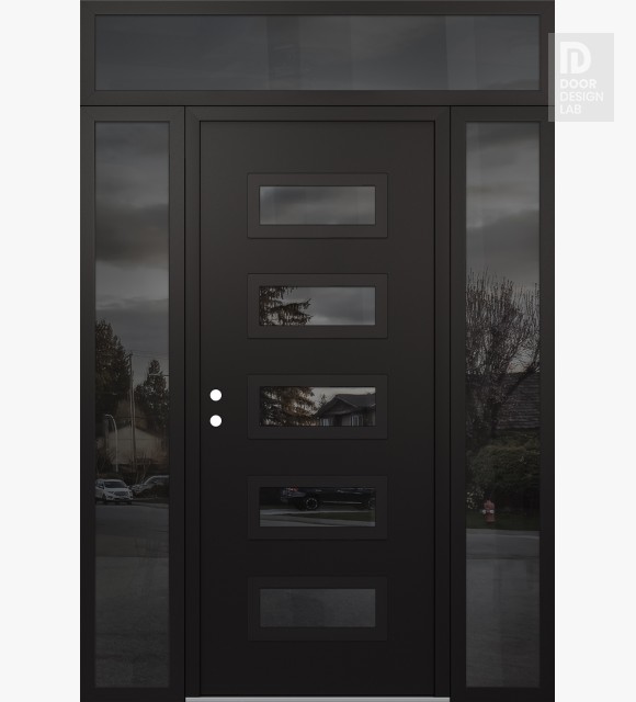 Modern Steel Front Door Diamond D1 60" x 96" black/black mirrored Glass Panel black RHI with 2 Sidelites and Transom mirrored Glass