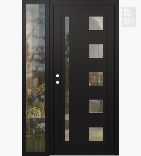 Modern Steel Front Door Diamond C3 52" x 80" black/black clear Glass Panel black RHI with Sidelite clear Glass