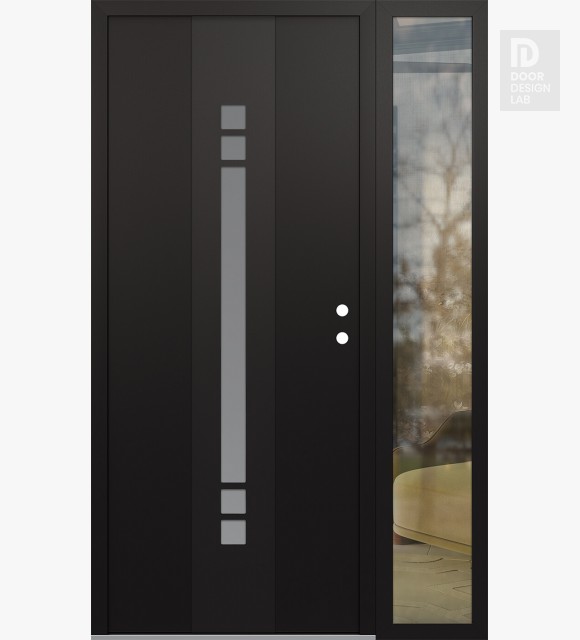 Modern Steel Front Door DIAMOND A4 50" X 80" BLACK/WHITE FROSTED GLASS PANEL BLACK LHI WITH SIDELITE CLEAR GLASS