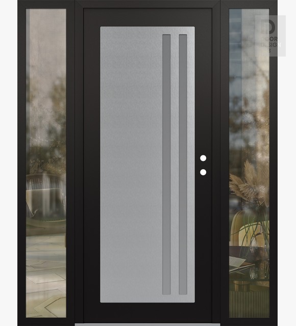 Modern Steel Front Door Diamond C6 60" x 80" black/white frosted Glass Panel stainless steel LHI with 2 Sidelites clear Glass
