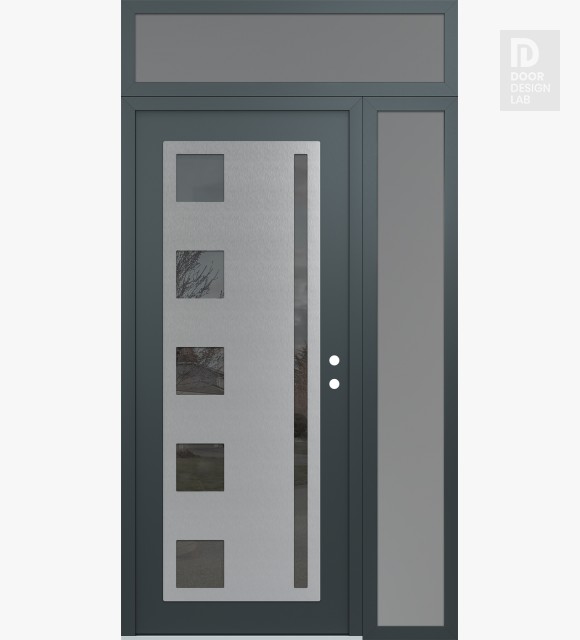 Modern Steel Front Door Diamond C3 52" x 96" anthracite/anthracite mirrored Glass Panel stainless steel LHI with Sidelite and Transom frosted Glass