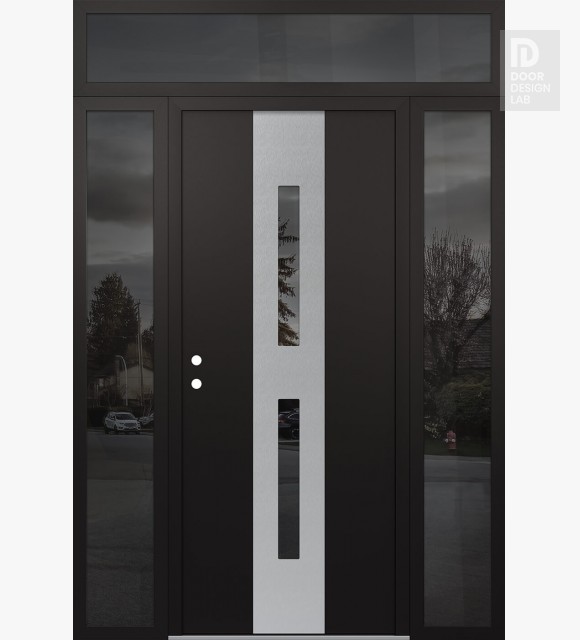 Modern Steel Front Door DIAMOND A6 64" X 96" BLACK/BLACK MIRRORED GLASS PANEL STAINLESS STEEL RHI WITH 2 SIDELITES AND TRANSOM MIRRORED GLASS