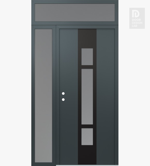 Modern Steel Front Door DIAMOND A9 50" X 96" ANTHRACITE/ANTHRACITE FROSTED GLASS PANEL BLACK RHI WITH SIDELITE AND TRANSOM FROSTED GLASS