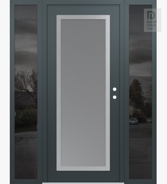 Modern Steel Front Door Diamond C1 68" x 80" anthracite/anthracite frosted Glass Panel stainless steel LHI with 2 Sidelites mirrored Glass