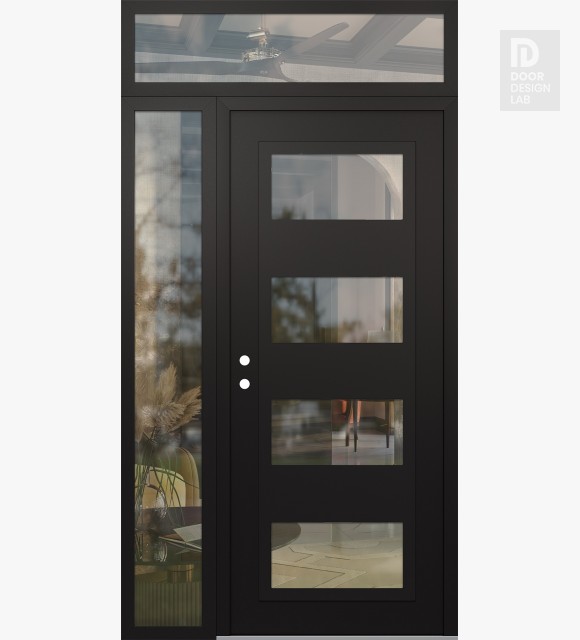 Modern Steel Front Door Diamond C2 50" x 96" black/black clear Glass Panel black RHI with Sidelite and Transom clear Glass