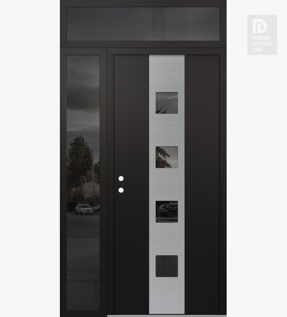 Modern Steel Front Door DIAMOND A12 50" X 96" BLACK/BLACK MIRRORED GLASS PANEL STAINLESS STEEL RHI WITH SIDELITE AND TRANSOM MIRRORED GLASS