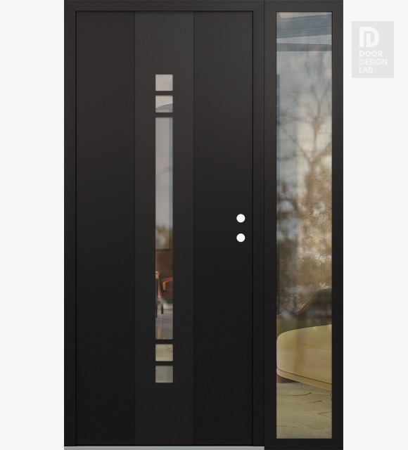 Modern Steel Front Door DIAMOND A4 52" X 80" BLACK/BLACK CLEAR GLASS PANEL BLACK LHI WITH SIDELITE CLEAR GLASS
