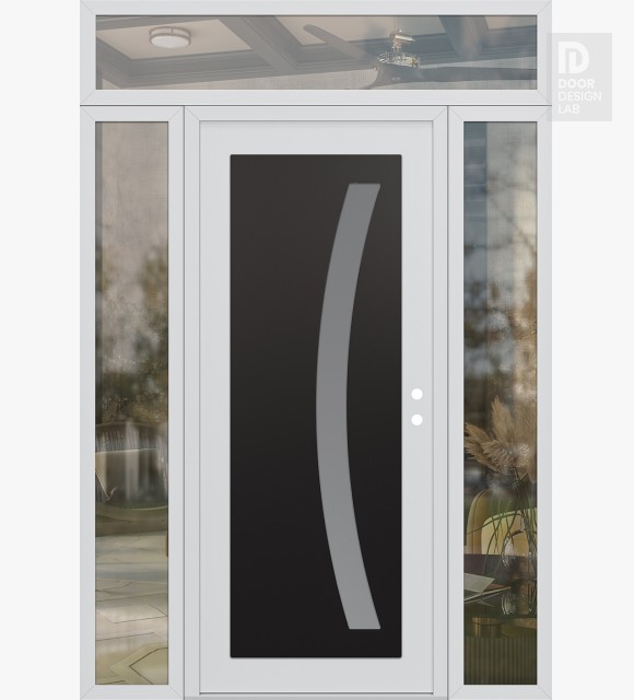 Modern Steel Front Door Diamond C4 64" x 96" white/white frosted Glass Panel black LHI with 2 Sidelites and Transom clear Glass