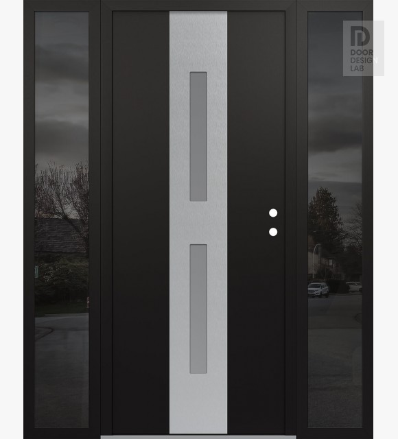 Modern Steel Front Door DIAMOND A6 68" X 80" BLACK/WHITE FROSTED GLASS PANEL STAINLESS STEEL LHI WITH 2 SIDELITES MIRRORED GLASS