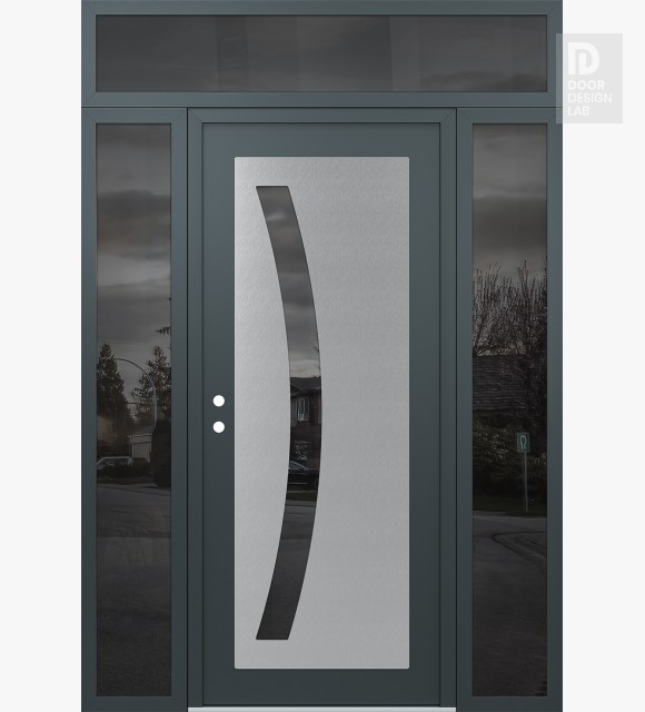 Modern Steel Front Door Diamond C4 68" x 96" anthracite/anthracite mirrored Glass Panel stainless steel RHI with 2 Sidelites and Transom mirrored Glass
