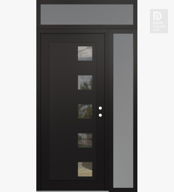Modern Steel Front Door Diamond C5 50" x 96" black/black clear Glass Panel black LHI with Sidelite and Transom frosted Glass