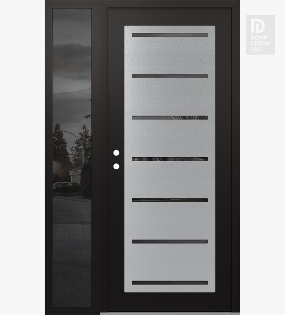 Modern Steel Front Door Diamond C11 48" x 80" black/black mirrored Glass Panel stainless steel RHI with Sidelite mirrored Glass