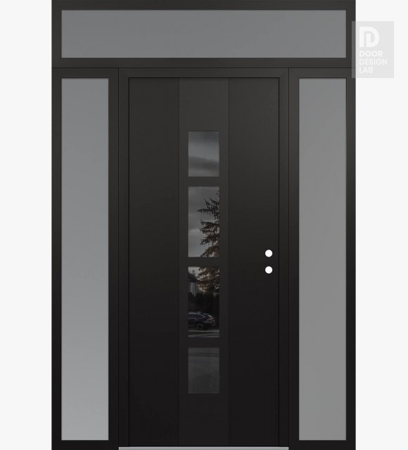 Modern Steel Front Door DIAMOND A10 60" X 96" BLACK/BLACK MIRRORED GLASS PANEL BLACK LHI WITH 2 SIDELITES AND TRANSOM FROSTED GLASS