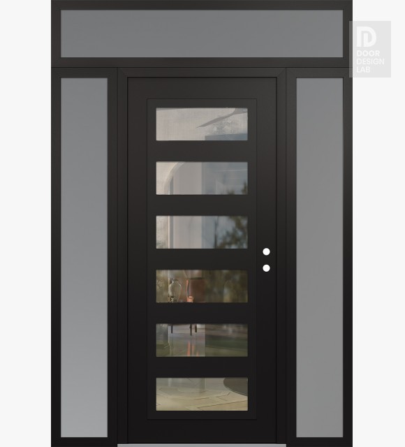 Modern Steel Front Door Diamond C9 68" x 96" black/black clear Glass Panel black LHI with 2 Sidelites and Transom frosted Glass
