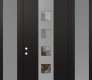 Modern Steel Front Door DIAMOND A13 60" X 96" BLACK/BLACK CLEAR GLASS PANEL STAINLESS STEEL RHI WITH 2 SIDELITES AND TRANSOM FROSTED GLASS
