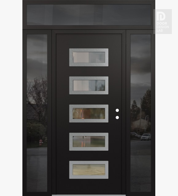 Modern Steel Front Door Diamond D1 68" x 96" black/black clear Glass Panel stainless steel LHI with 2 Sidelites and Transom mirrored Glass